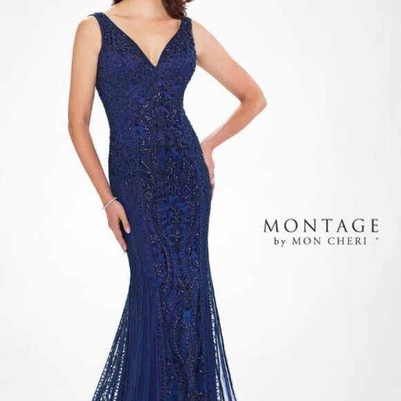 Montage by Mon Cheri Dresses & Skirts - Montage by Mon Cheri Navy Blue Beaded V-Neck Evening Gown MOBride / MOGroom